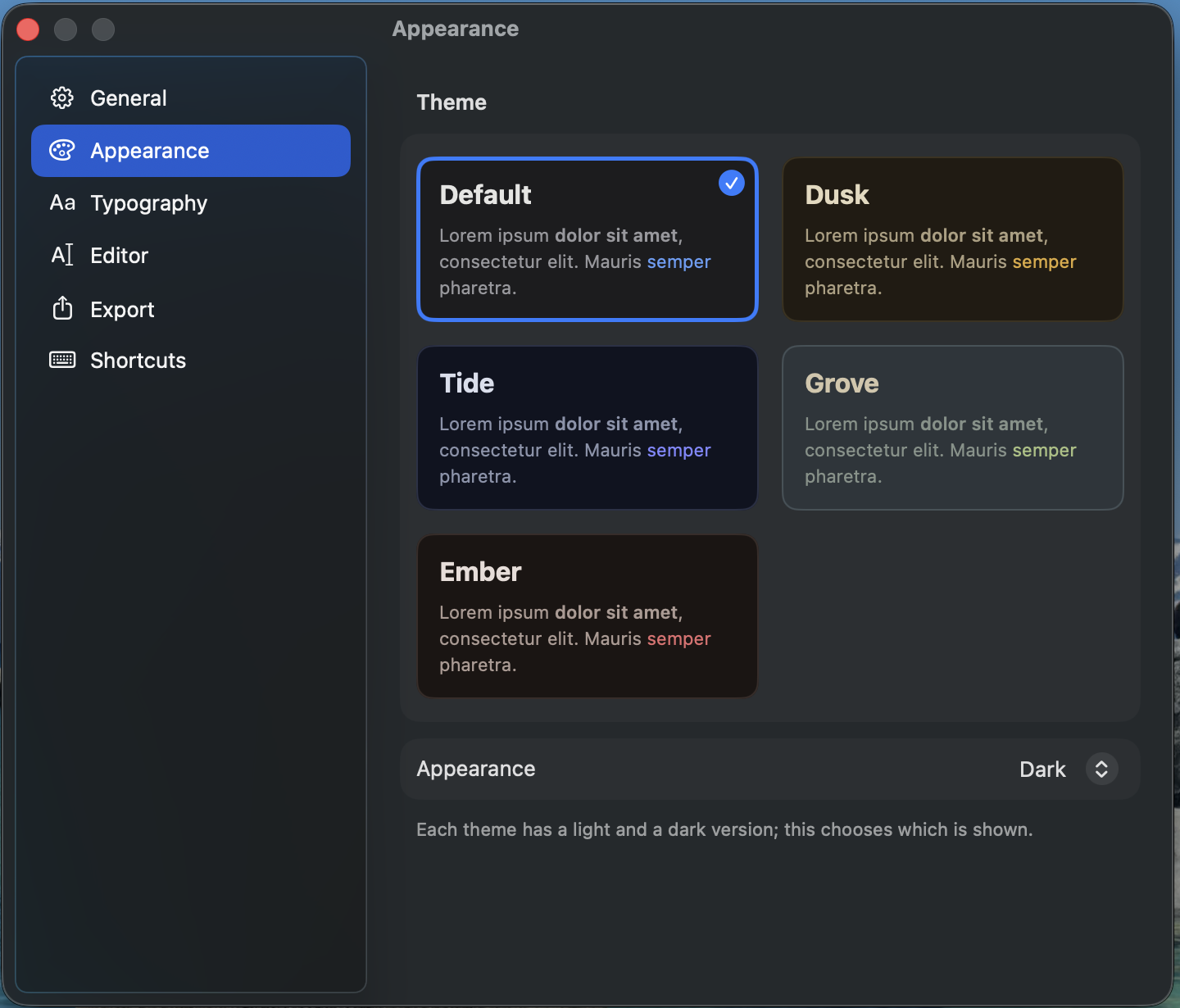 Unmarked’s theme settings